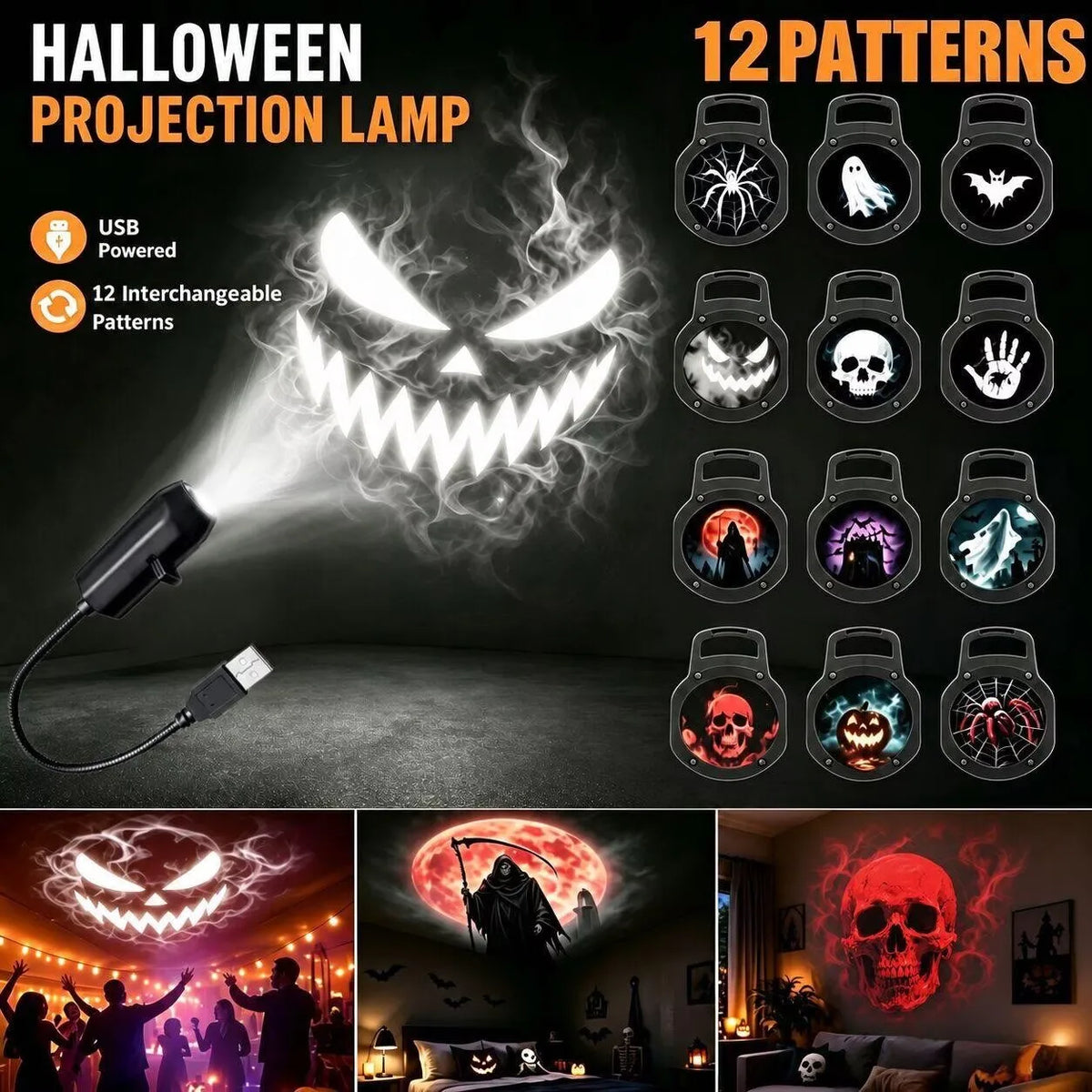 NordGear Halloween Car Projector™ – 12 Patterns USB LED