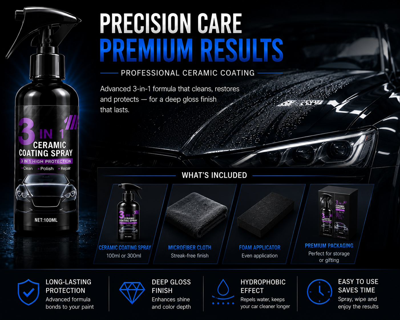 3-in-1 Ceramic Coating Spray | Nano Hydrophobic Car Polish | NordGear