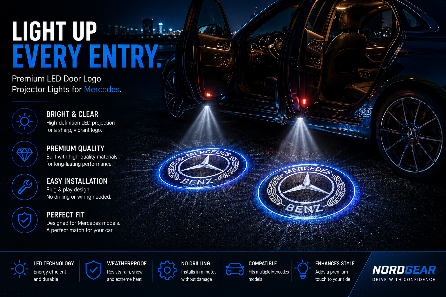 Mercedes-Benz LED Door Logo Projector Lights – 2PCS | Plug & Play Courtesy Lights