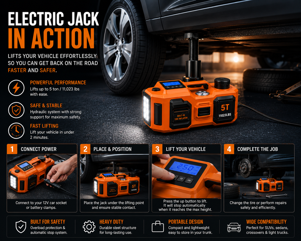 NordGear AutoLift Pro 5T – Electric Hydraulic Car Jack, Tire Inflator & LED Emergency Light