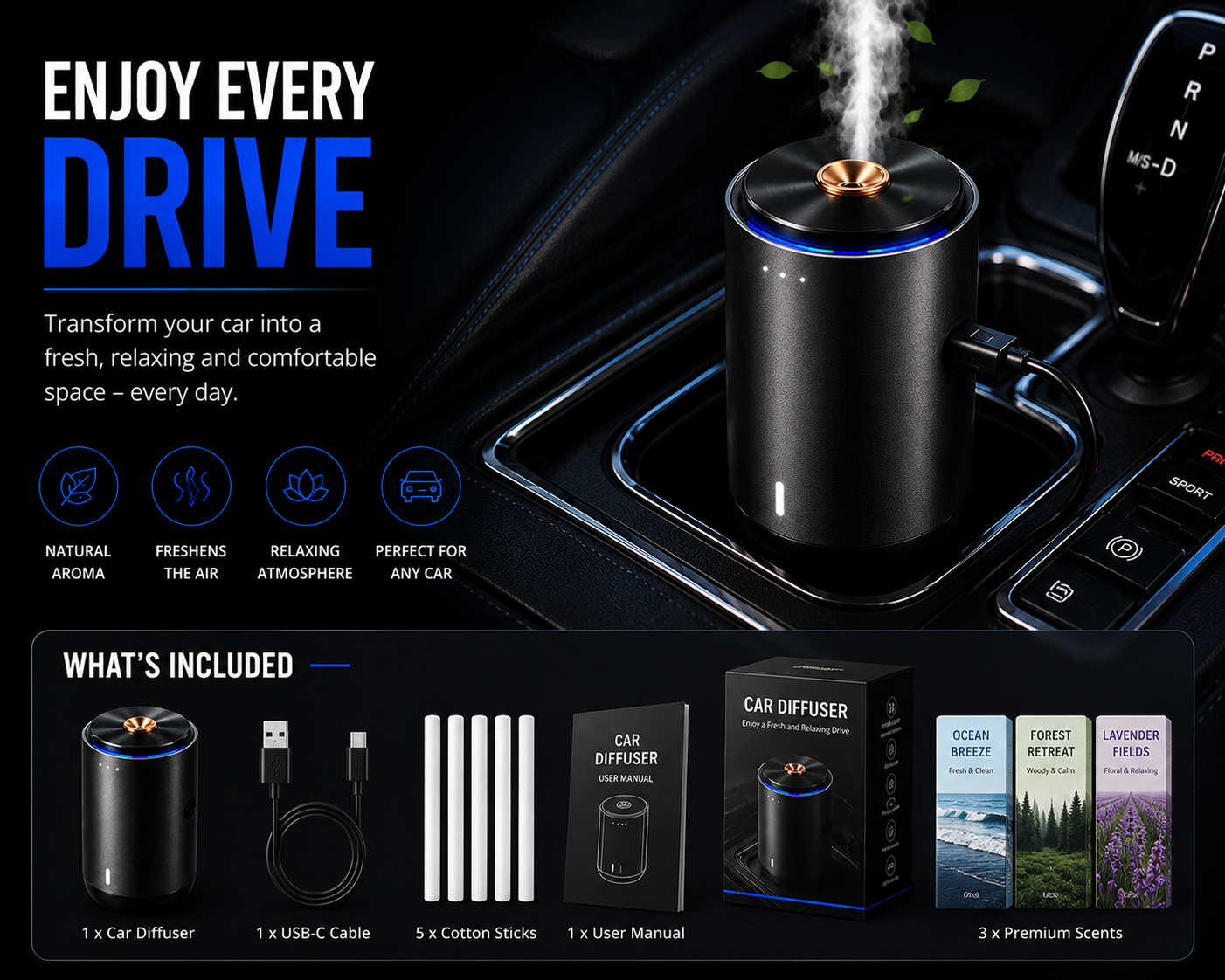 Smart Car Aroma Diffuser – Rechargeable Essential Oil Air Freshener with 3 Premium Scents