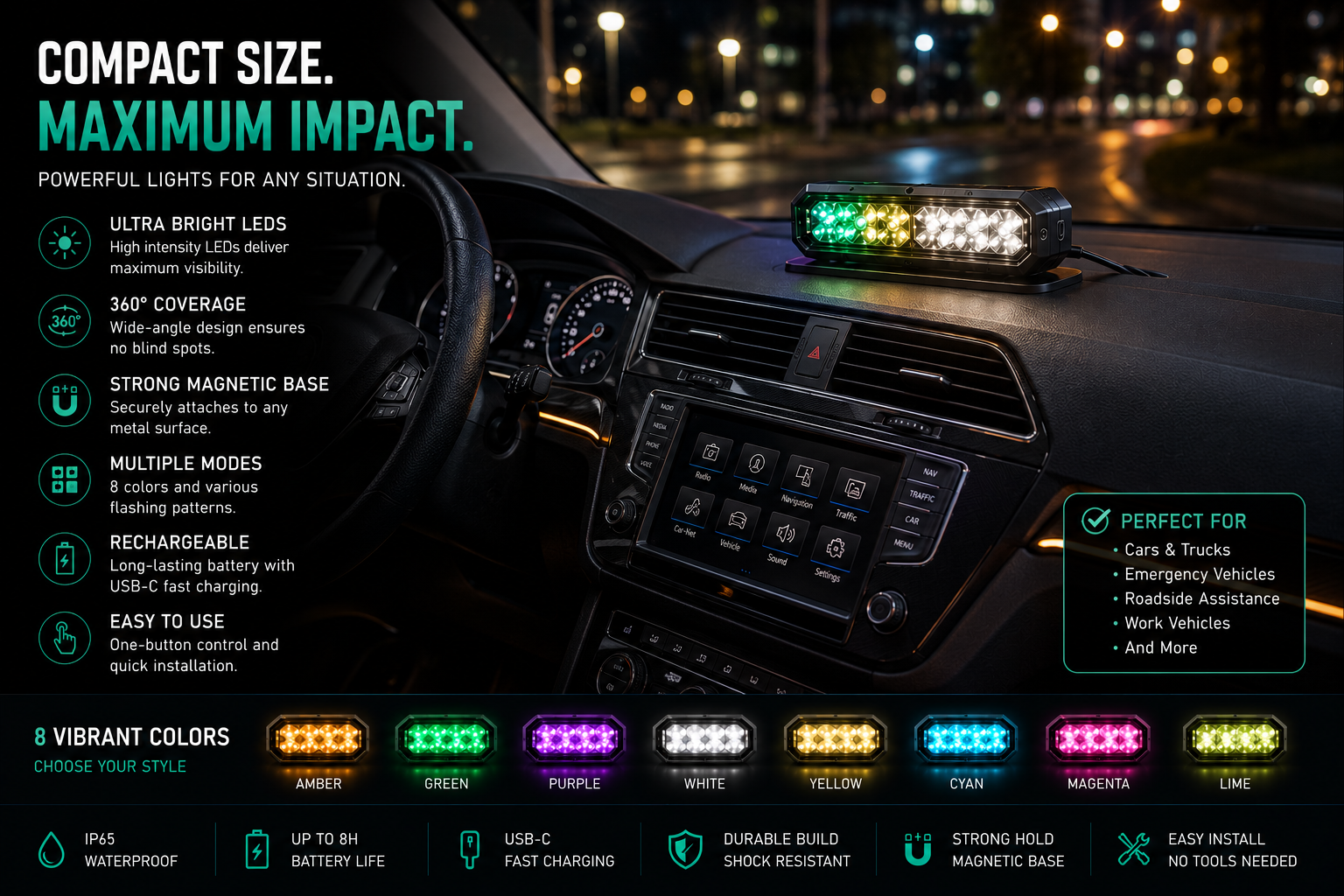 Wireless RGB LED Strobe Warning Lights – Rechargeable & Remote Controlled