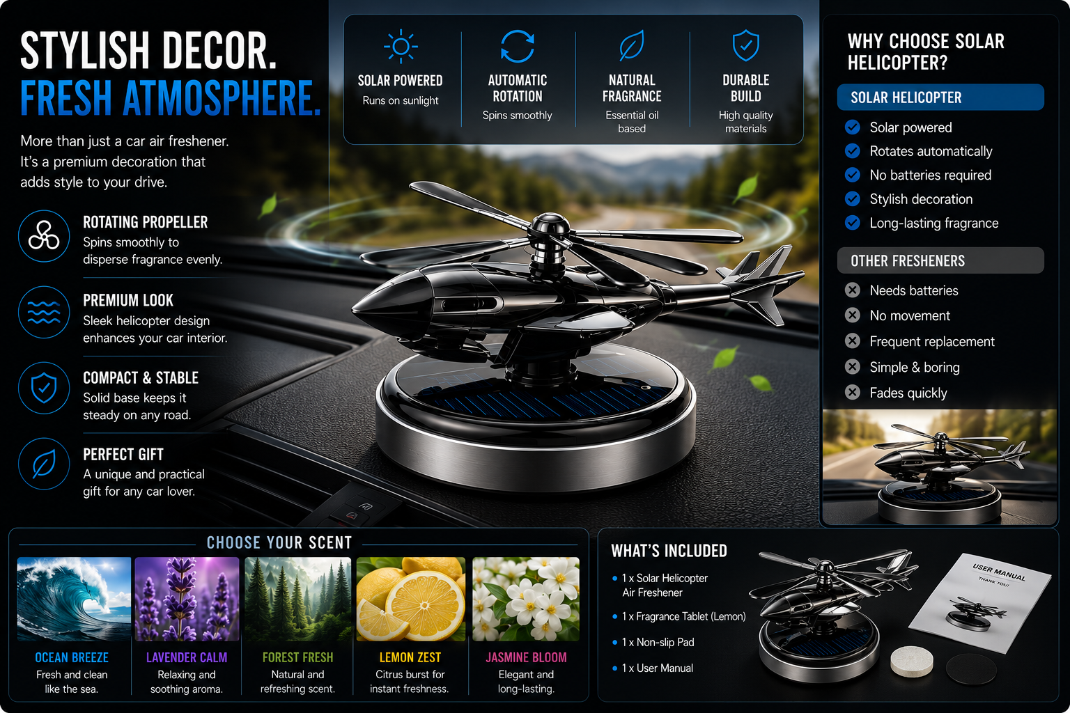 NordGear Solar Helicopter Car Air Freshener – Rotating Aromatherapy Diffuser