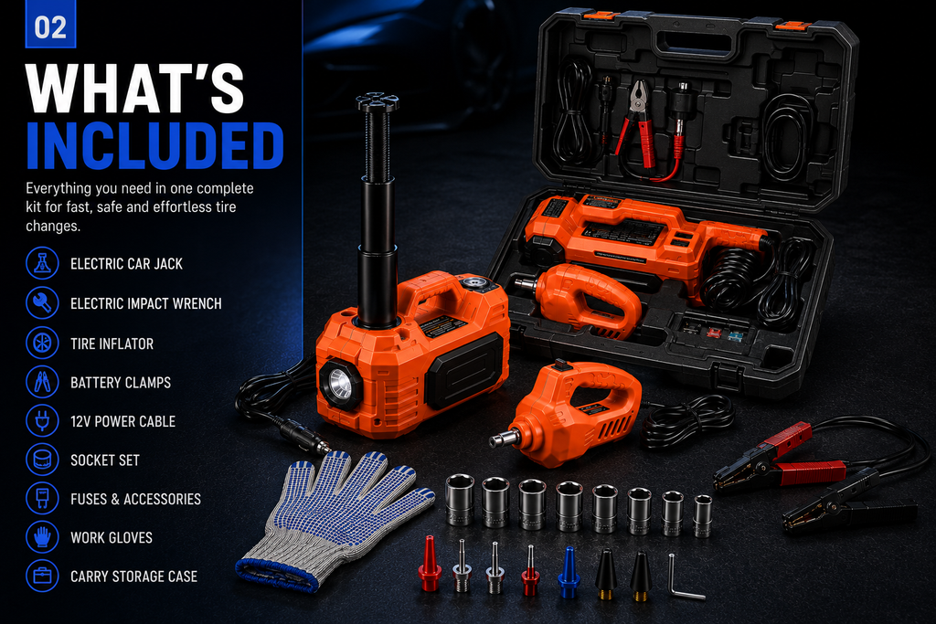 NordGear AutoLift Pro 5T Electric Car Jack Kit – 12V Electric Jack, Impact Wrench, Air Compressor & LED Light