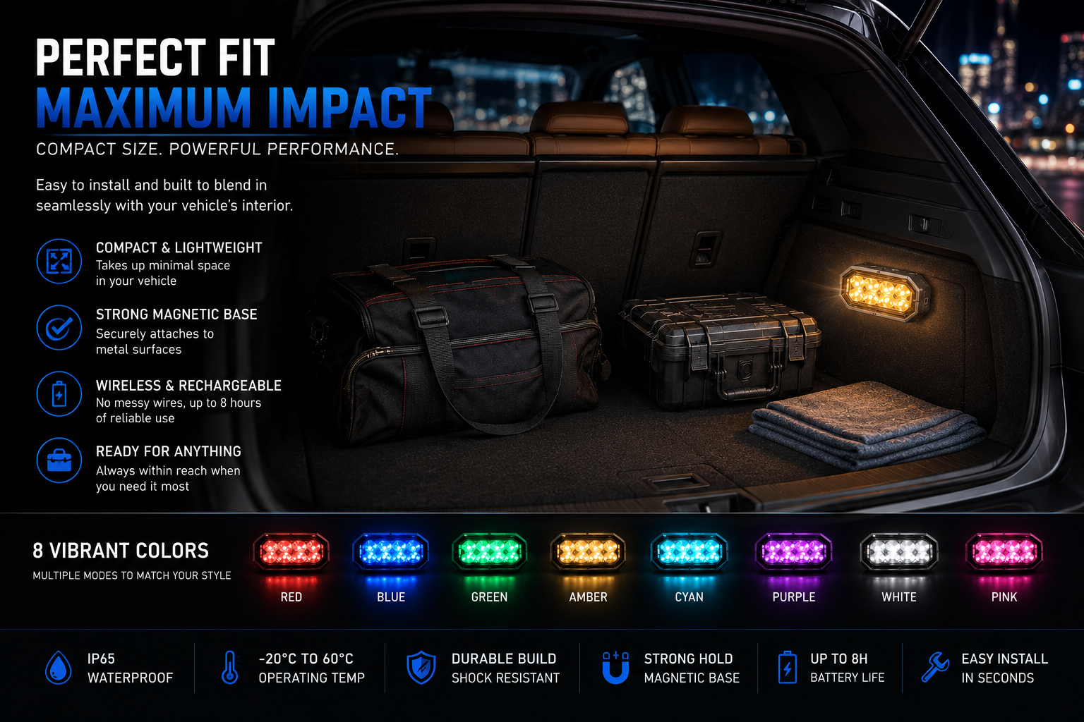 Wireless RGB LED Strobe Warning Lights – Rechargeable & Remote Controlled