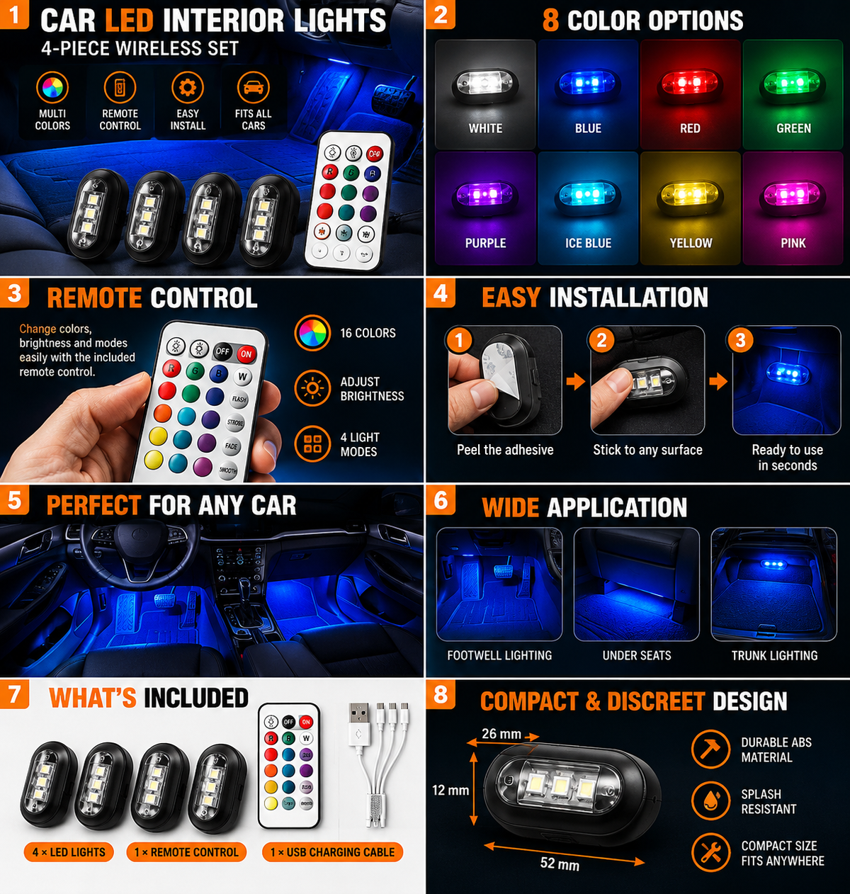 NordGear 4-Piece Wireless Car LED Interior Lights with Remote Control