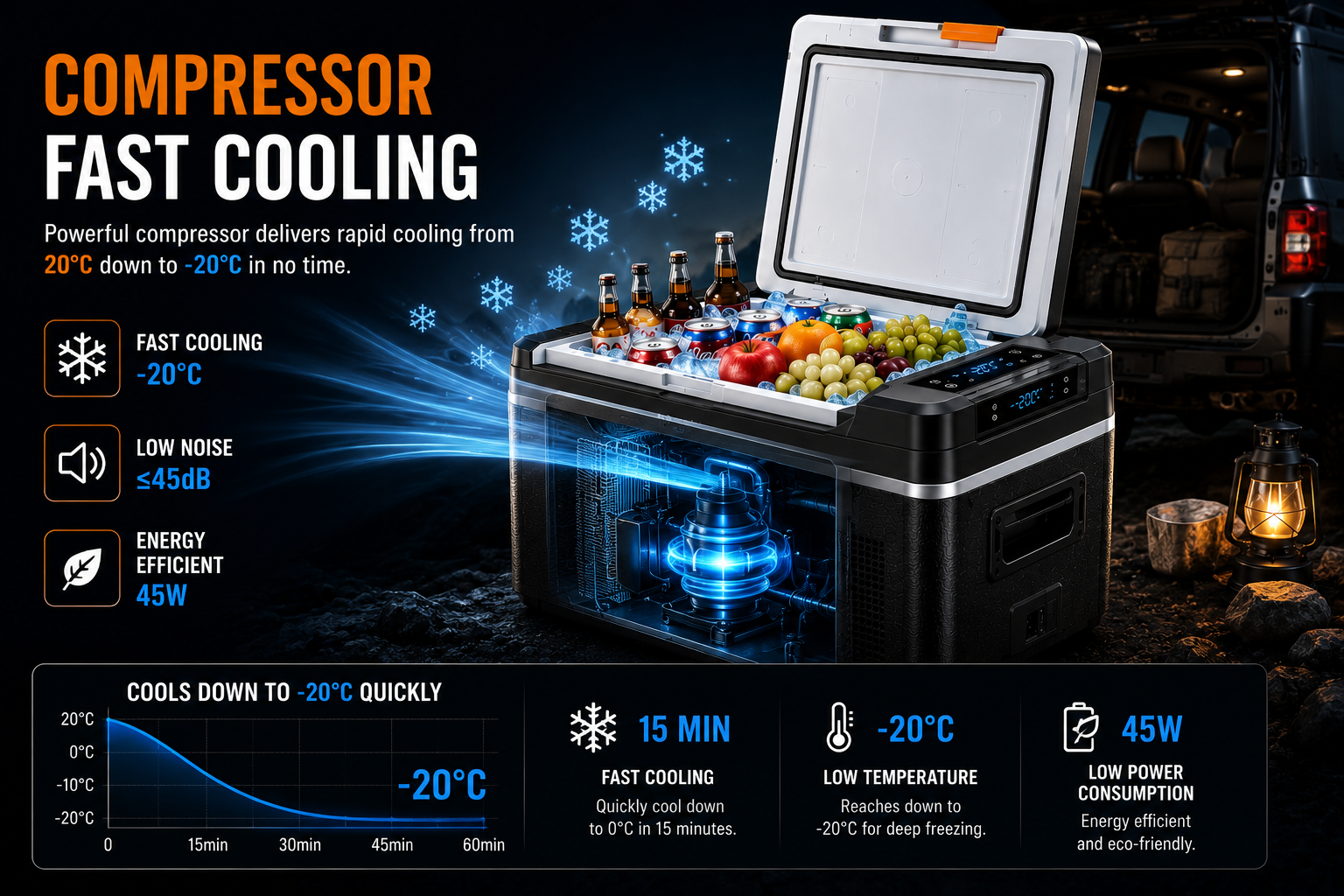 NordGear Portable Compressor Car Fridge – 20L/30L/40L/50L Electric Cooler Freezer for Car, Camping & Travel