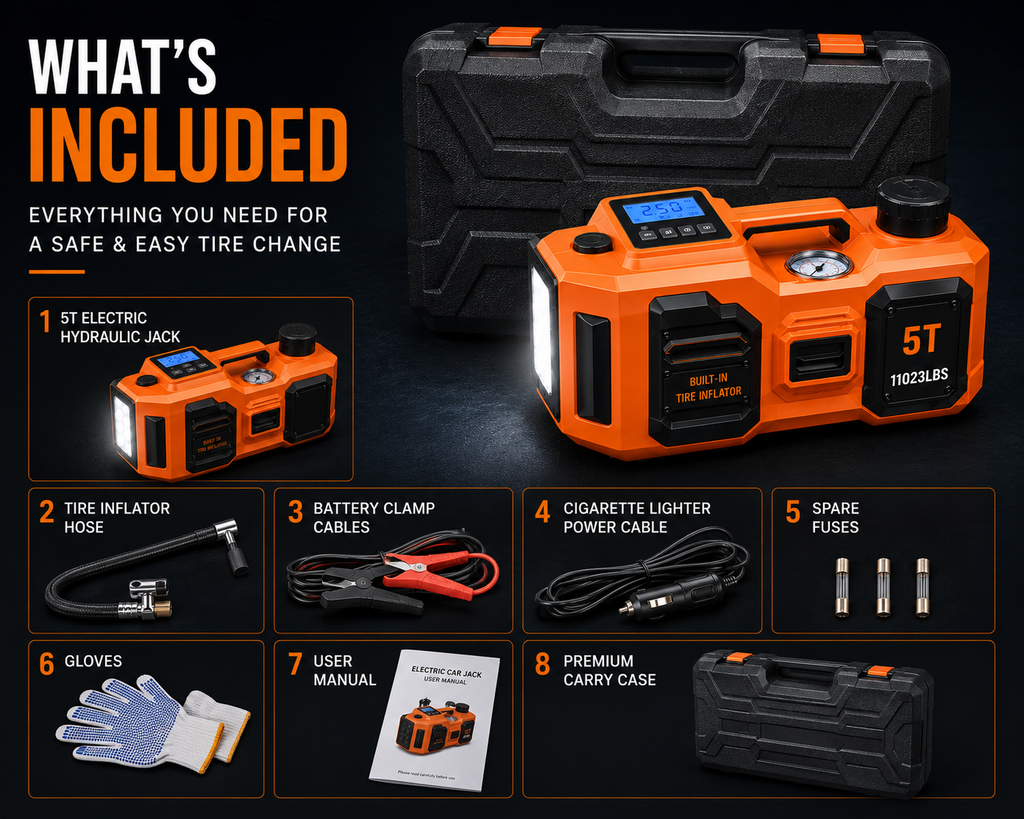 NordGear AutoLift Pro 5T – Electric Hydraulic Car Jack, Tire Inflator & LED Emergency Light