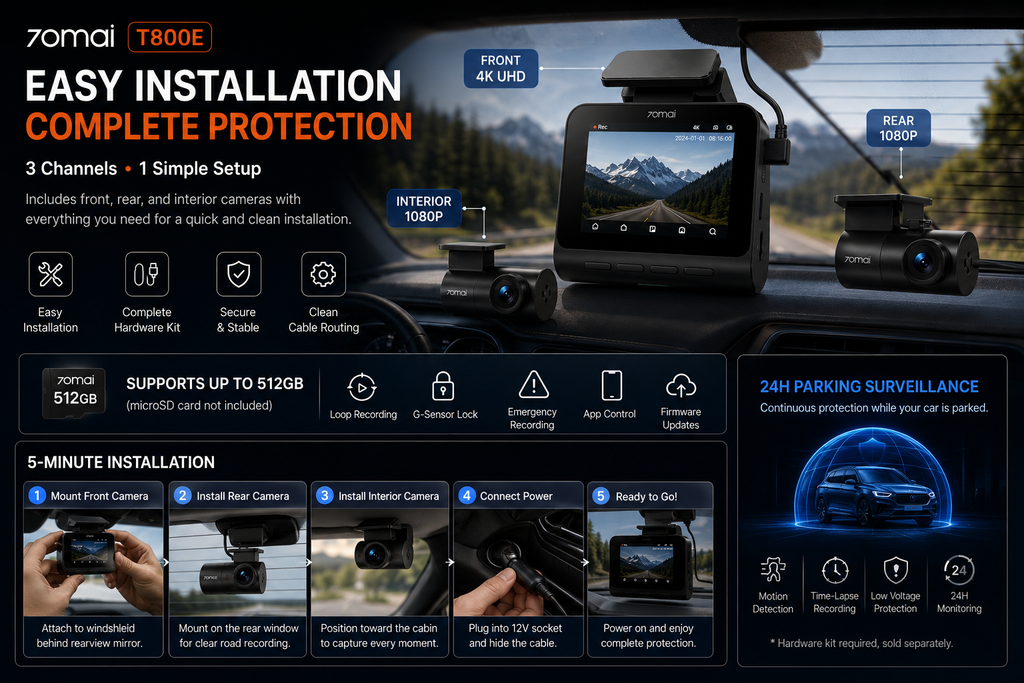 NordGear 4K Triple Vision Pro – 70mai T800E Smart 3-Channel Dash Cam with GPS & 24H Parking Mode