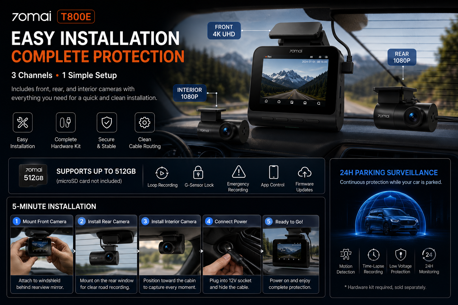NordGear 4K Triple Vision Pro – 70mai T800E Smart 3-Channel Dash Cam with GPS & 24H Parking Mode