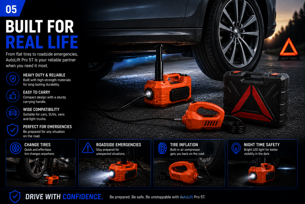 NordGear AutoLift Pro 5T Electric Car Jack Kit – 12V Electric Jack, Impact Wrench, Air Compressor & LED Light