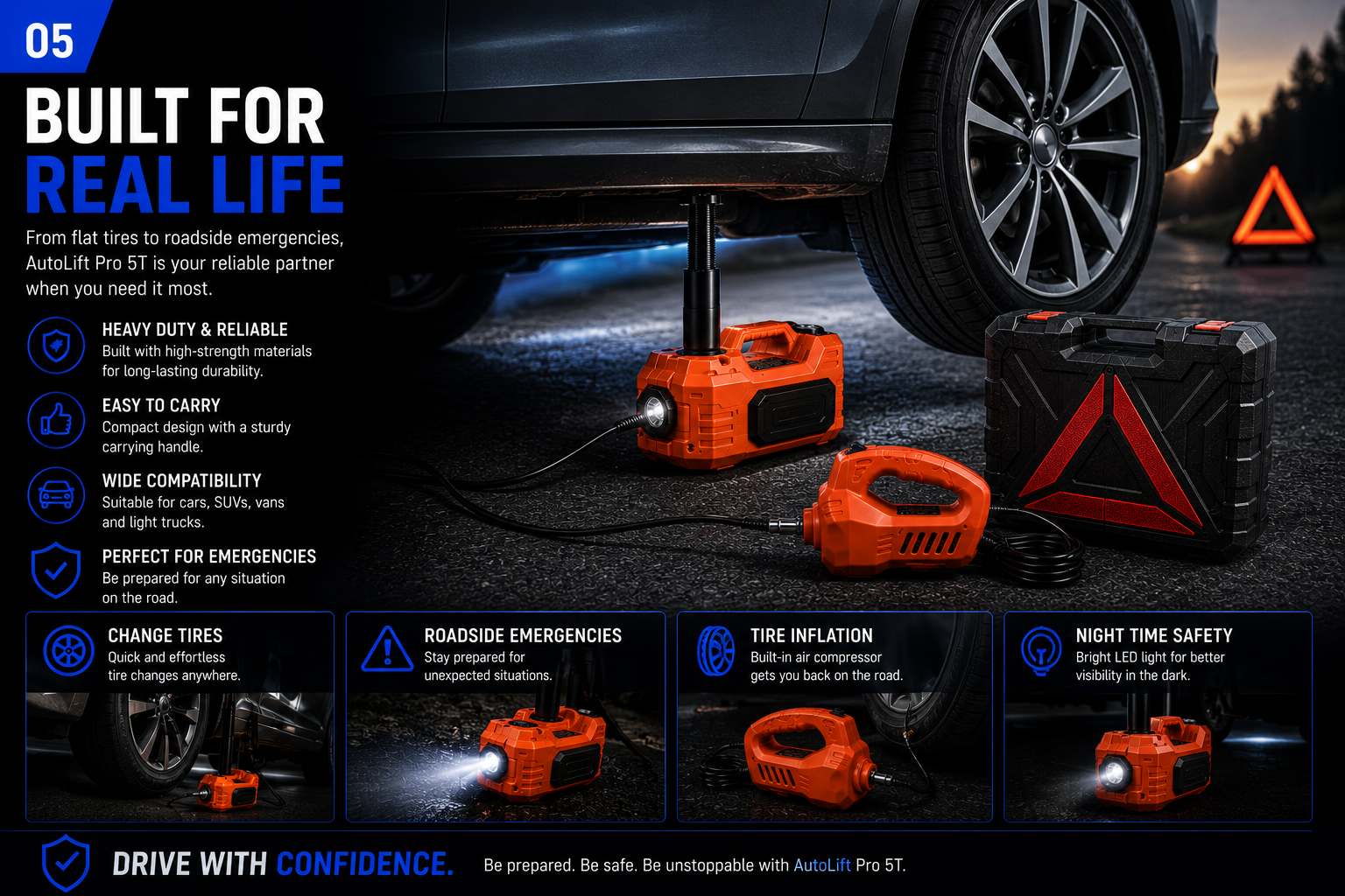 NordGear AutoLift Pro 5T Electric Car Jack Kit – 12V Electric Jack, Impact Wrench, Air Compressor & LED Light