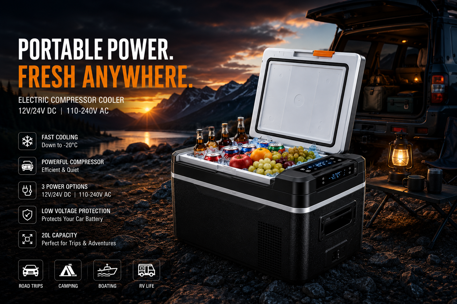 NordGear Portable Compressor Car Fridge – 20L/30L/40L/50L Electric Cooler Freezer for Car, Camping & Travel