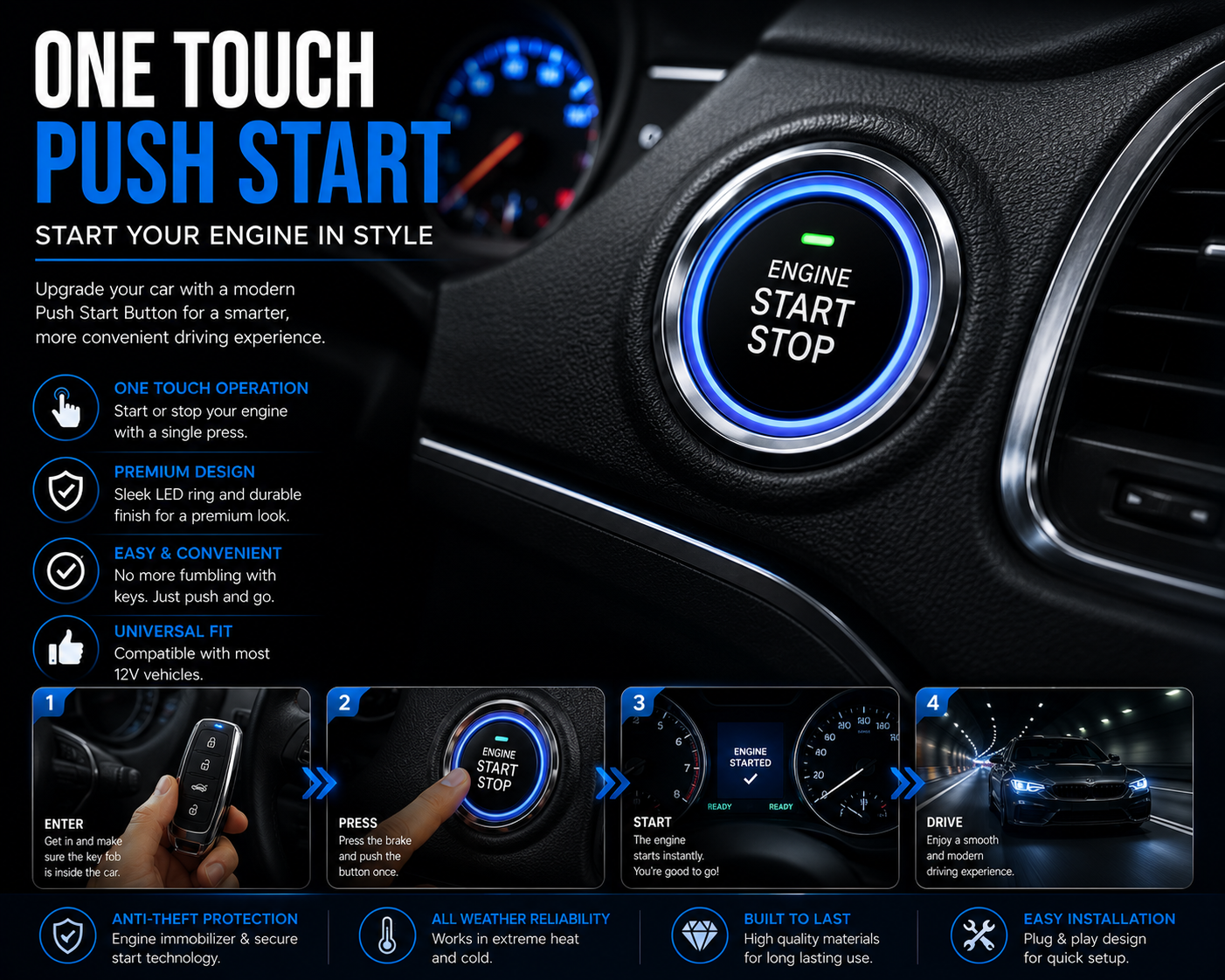 NordGear Smart Keyless Push Start System – Universal Remote Engine Start & Car Security Kit