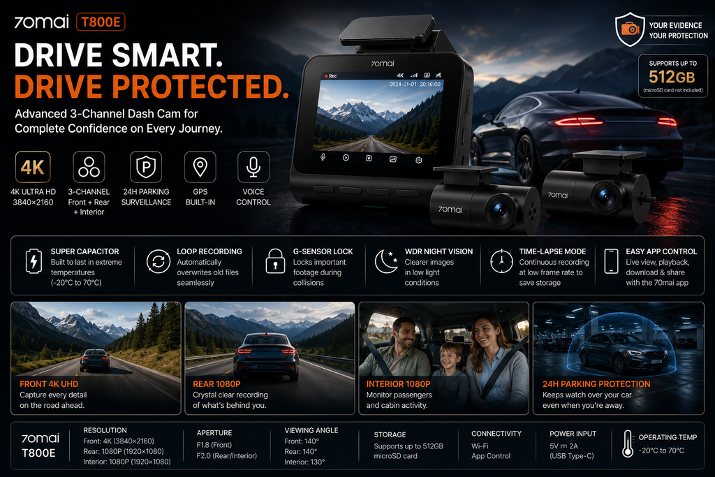 NordGear 4K Triple Vision Pro – 70mai T800E Smart 3-Channel Dash Cam with GPS & 24H Parking Mode