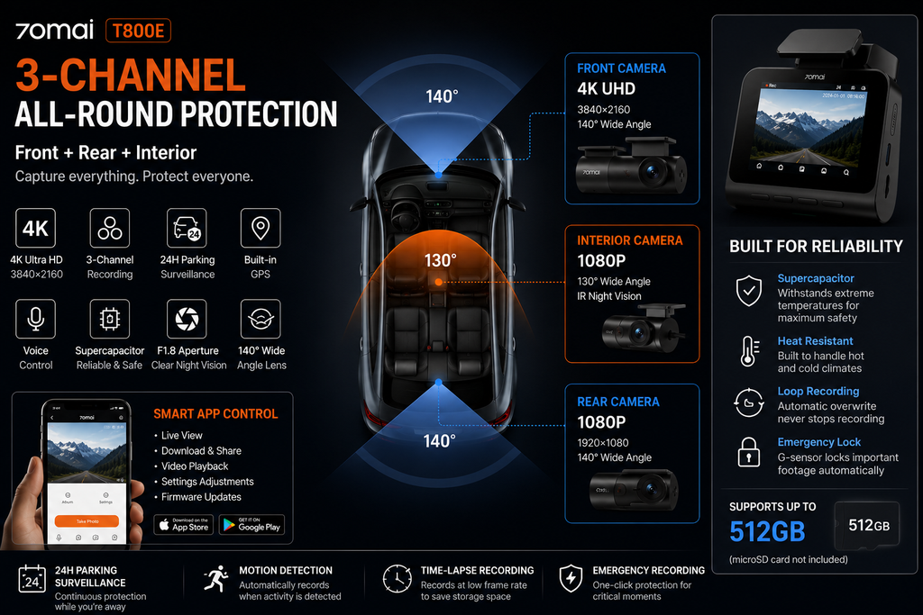 NordGear 4K Triple Vision Pro – 70mai T800E Smart 3-Channel Dash Cam with GPS & 24H Parking Mode
