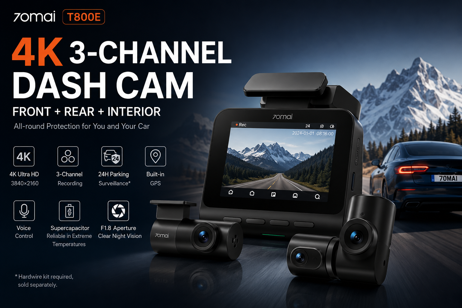 NordGear 4K Triple Vision Pro – 70mai T800E Smart 3-Channel Dash Cam with GPS & 24H Parking Mode