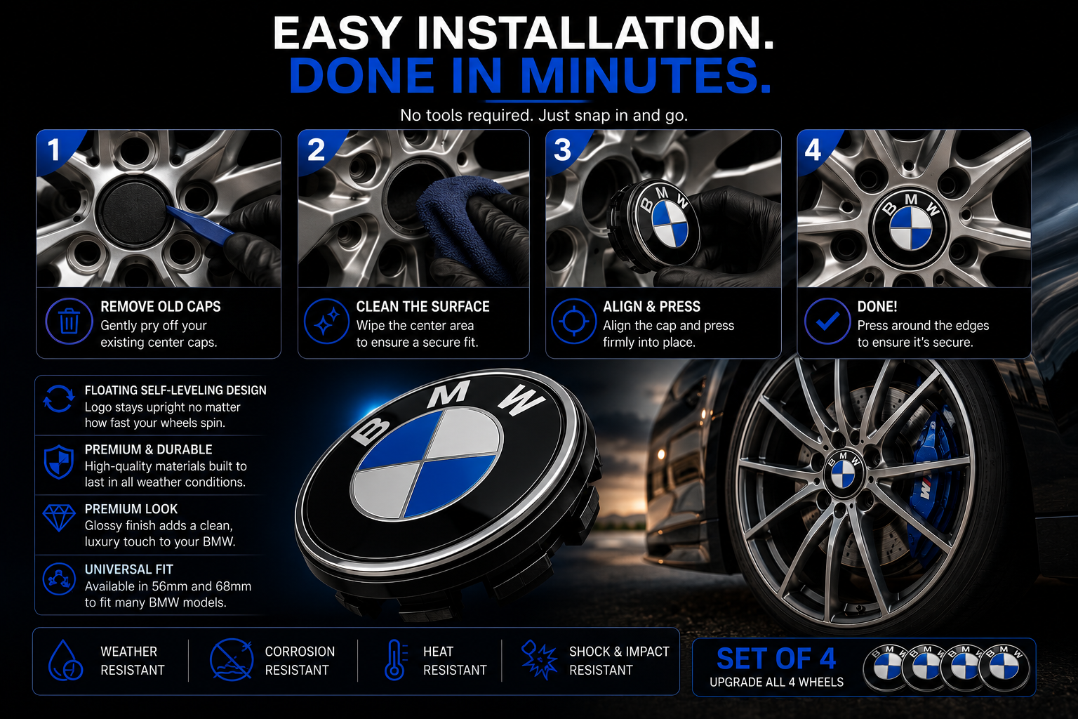 Floating BMW Wheel Center Caps – 4PCS (56mm / 68mm)