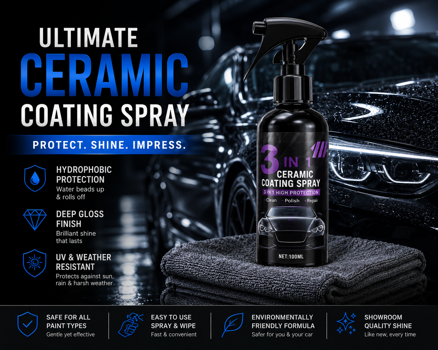 3-in-1 Ceramic Coating Spray | Nano Hydrophobic Car Polish | NordGear