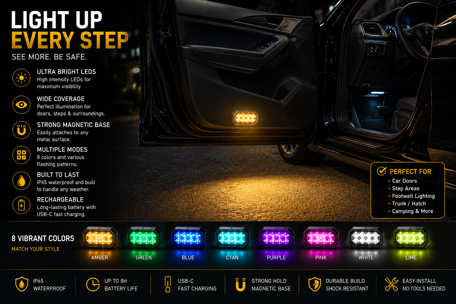 Wireless RGB LED Strobe Warning Lights – Rechargeable & Remote Controlled