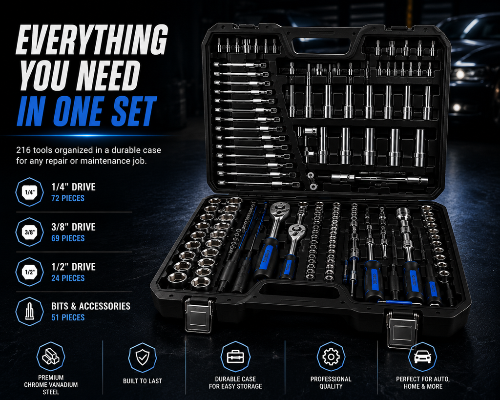 NordGear Professional 216-Piece Socket & Tool Set – Complete Mechanic Repair Kit