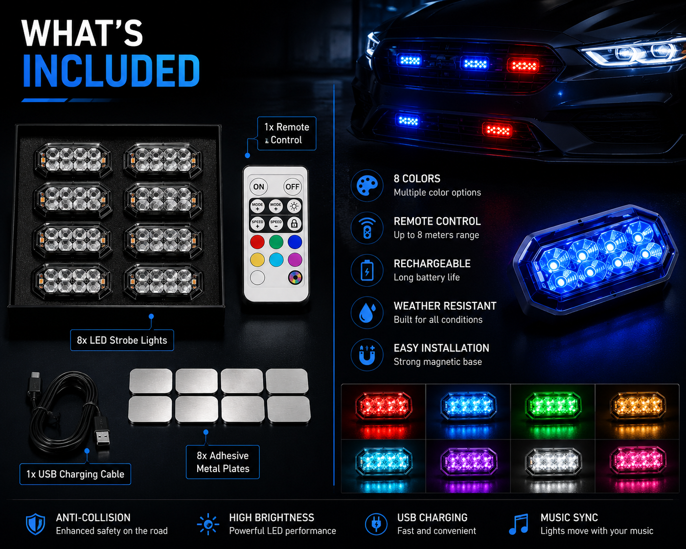Wireless RGB LED Strobe Warning Lights – Rechargeable & Remote Controlled