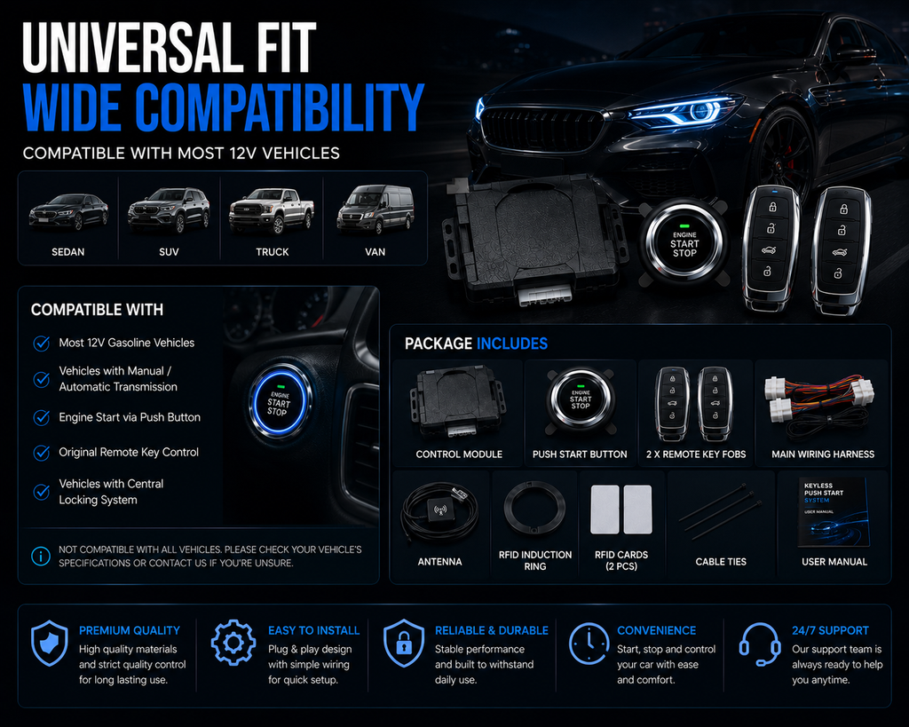 NordGear Smart Keyless Push Start System – Universal Remote Engine Start & Car Security Kit