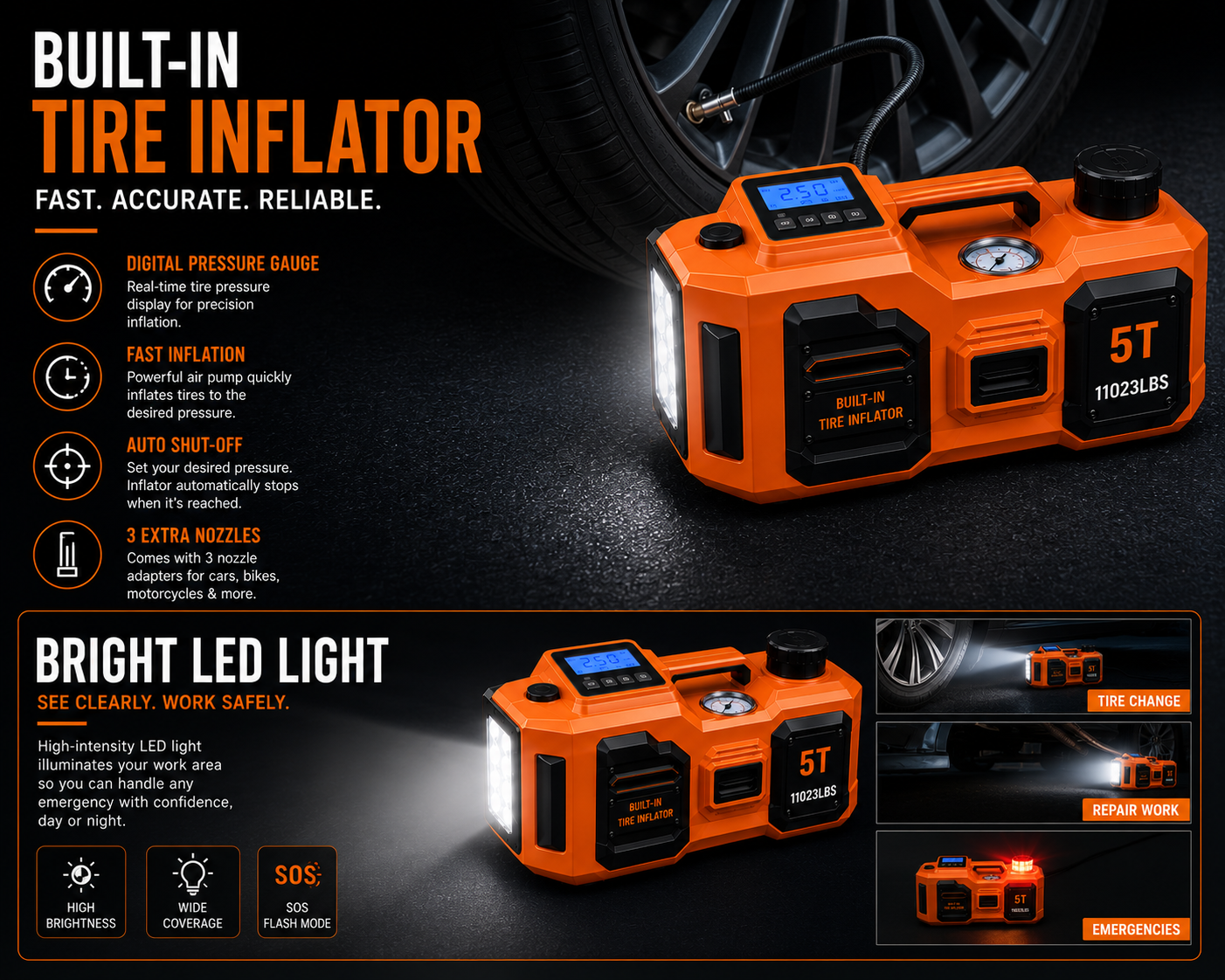 NordGear AutoLift Pro 5T – Electric Hydraulic Car Jack, Tire Inflator & LED Emergency Light
