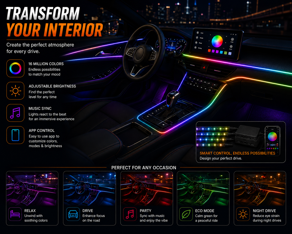 NordGear RGB Ambient Light Pro – 18-in-1 Smart Interior LED Lighting Kit with App Control & Music Sync