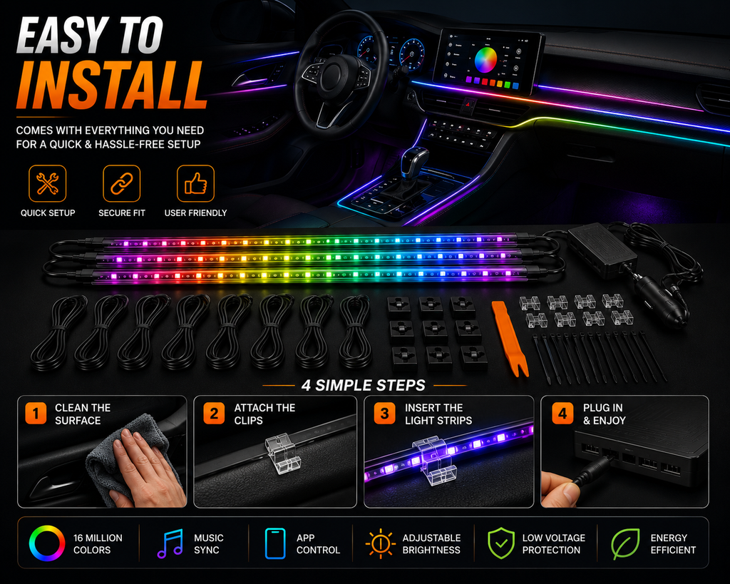 NordGear RGB Ambient Light Pro – 18-in-1 Smart Interior LED Lighting Kit with App Control & Music Sync