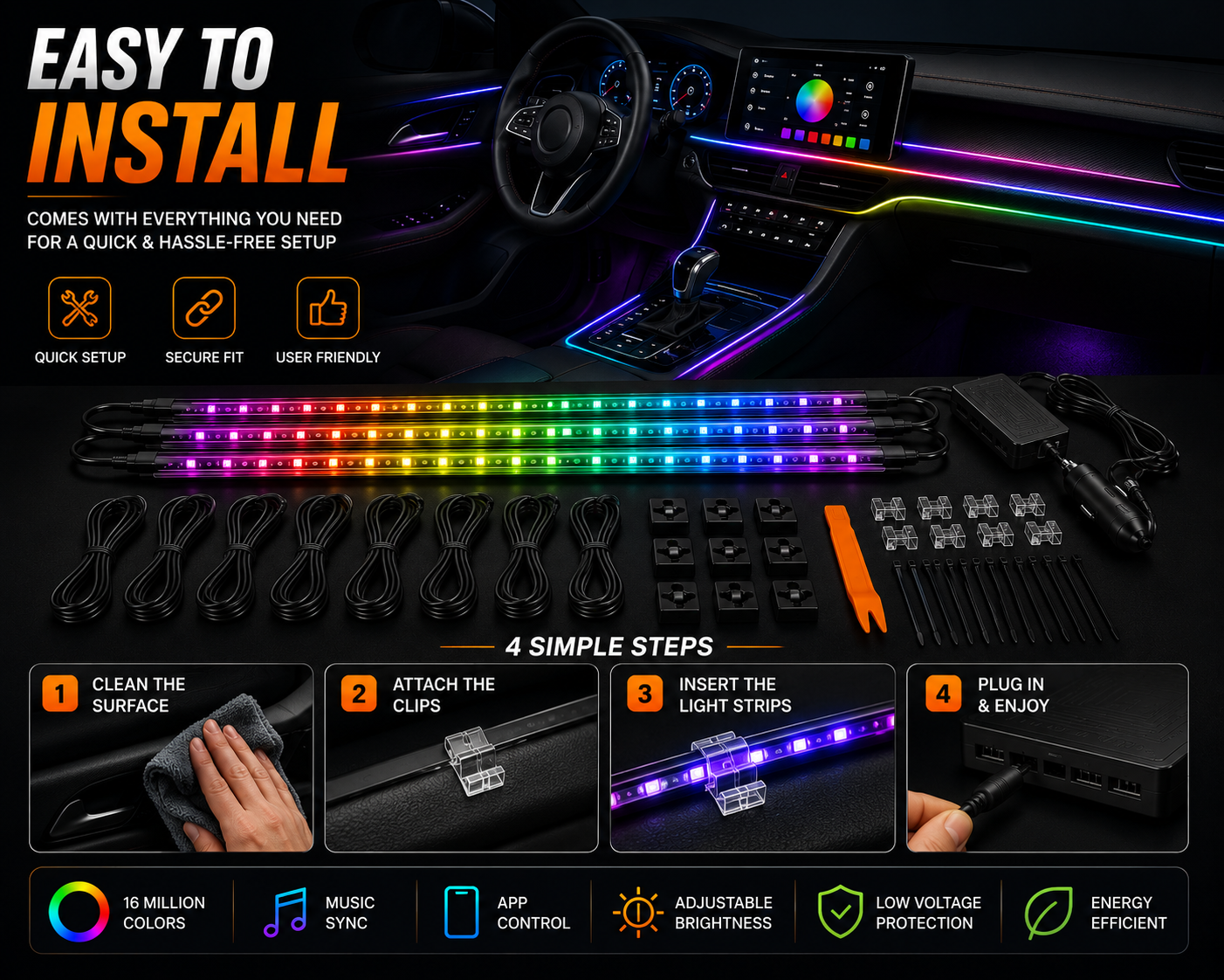 NordGear RGB Ambient Light Pro – 18-in-1 Smart Interior LED Lighting Kit with App Control & Music Sync