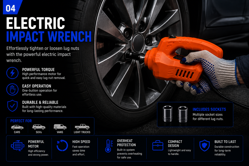 NordGear AutoLift Pro 5T Electric Car Jack Kit – 12V Electric Jack, Impact Wrench, Air Compressor & LED Light