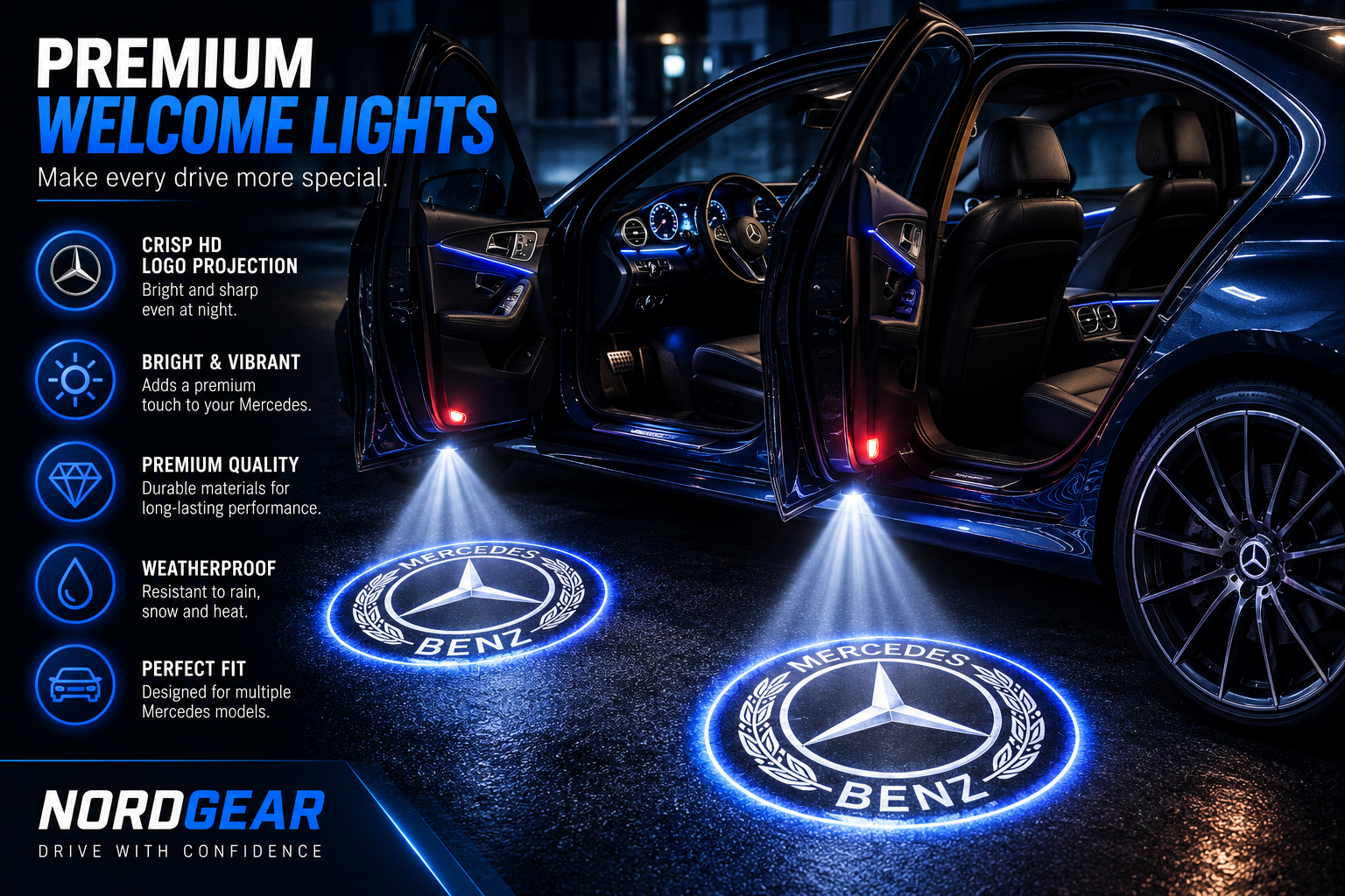Mercedes-Benz LED Door Logo Projector Lights – 2PCS | Plug & Play Courtesy Lights