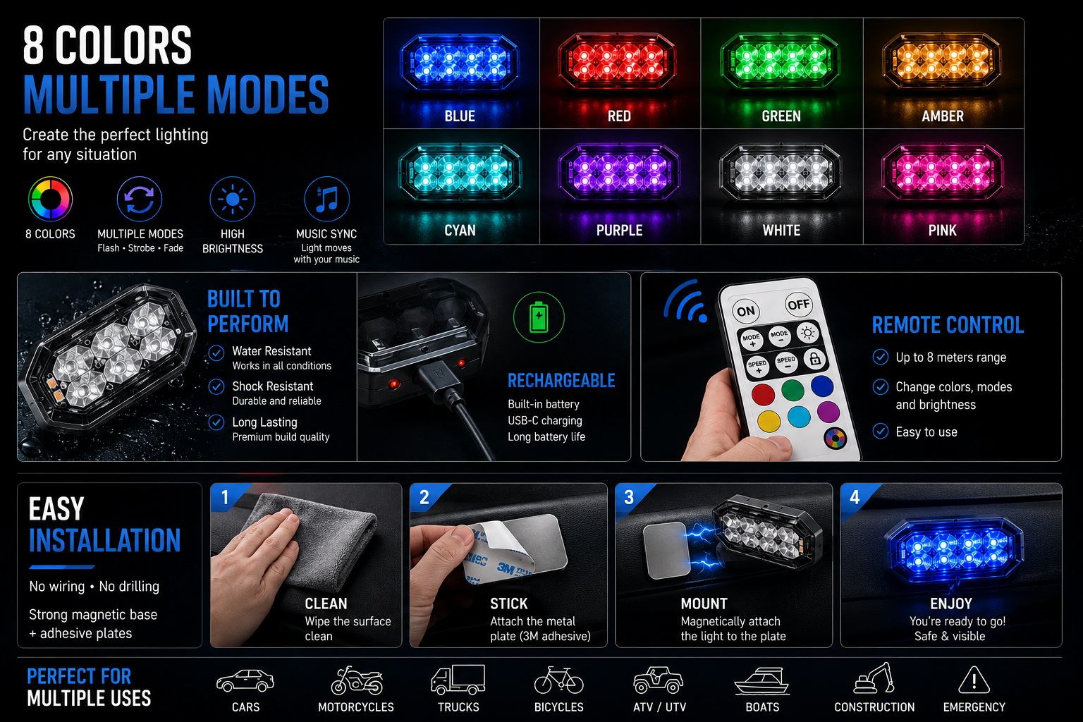 Wireless RGB LED Strobe Warning Lights – Rechargeable & Remote Controlled