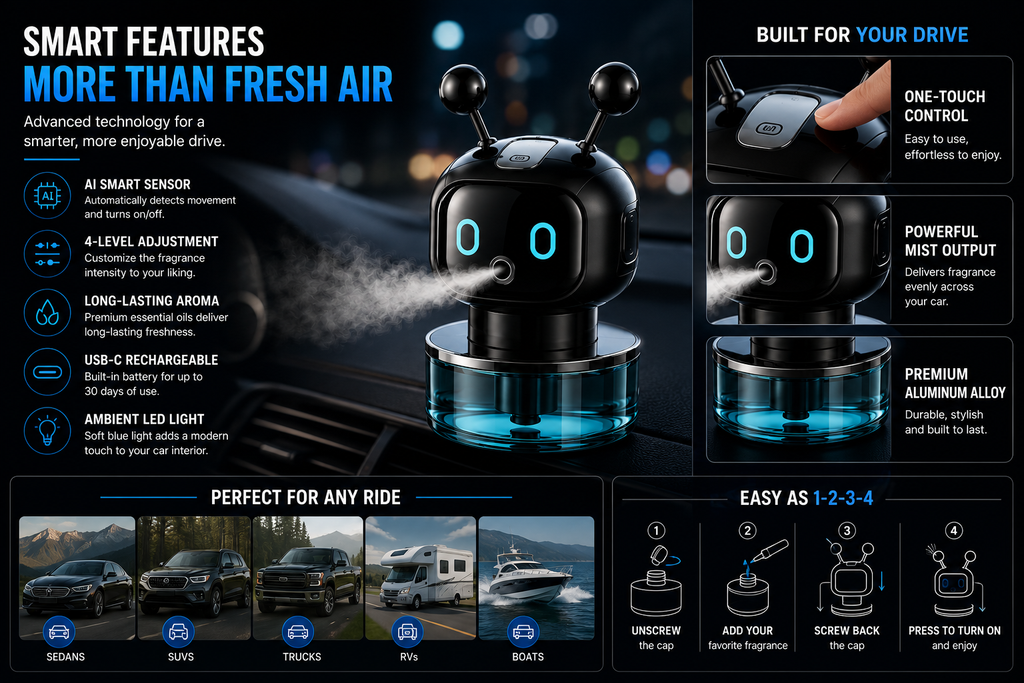 NordGear Smart AI Car Air Freshener – Rechargeable Aroma Diffuser with Smart Eyes