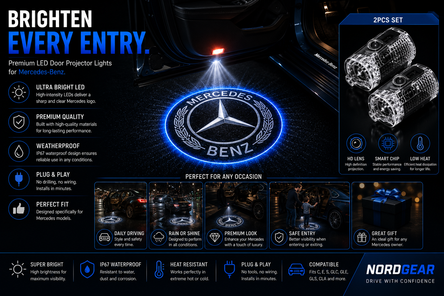 Mercedes-Benz LED Door Logo Projector Lights – 2PCS | Plug & Play Courtesy Lights