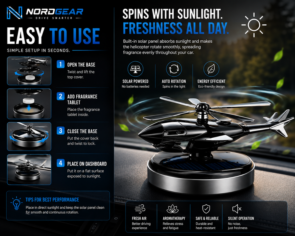 NordGear Solar Helicopter Car Air Freshener – Rotating Aromatherapy Diffuser