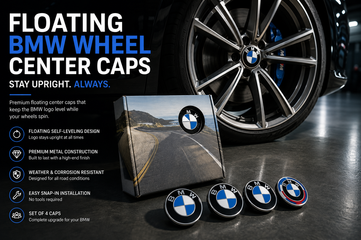 Floating BMW Wheel Center Caps – 4PCS (56mm / 68mm)