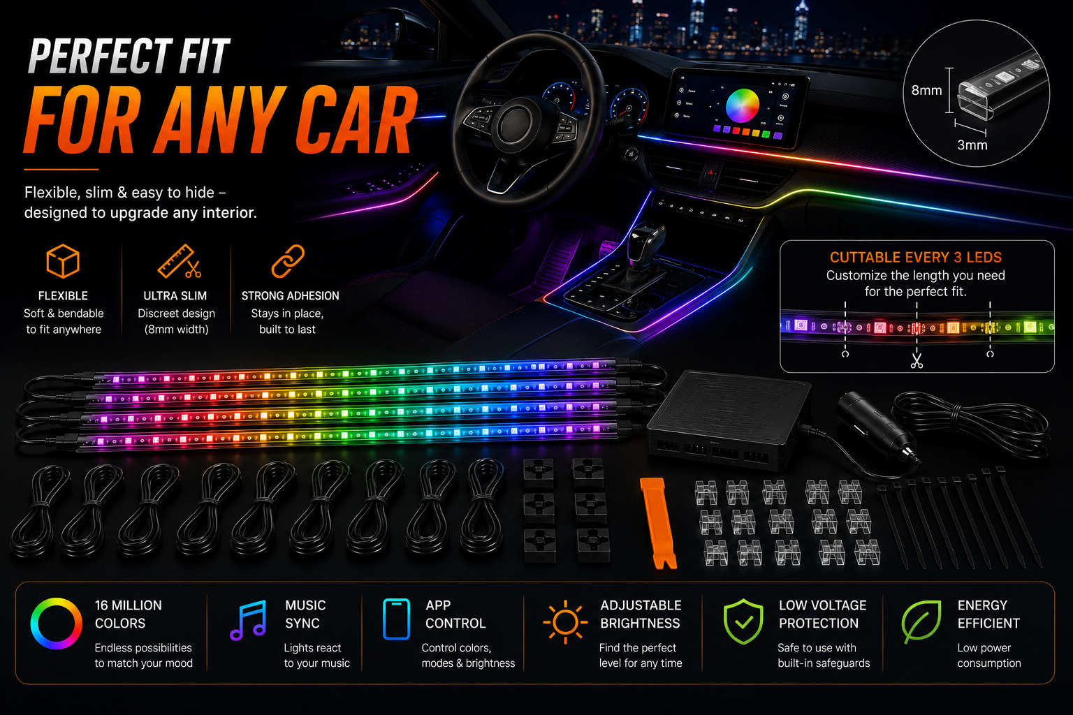 NordGear RGB Ambient Light Pro – 18-in-1 Smart Interior LED Lighting Kit with App Control & Music Sync