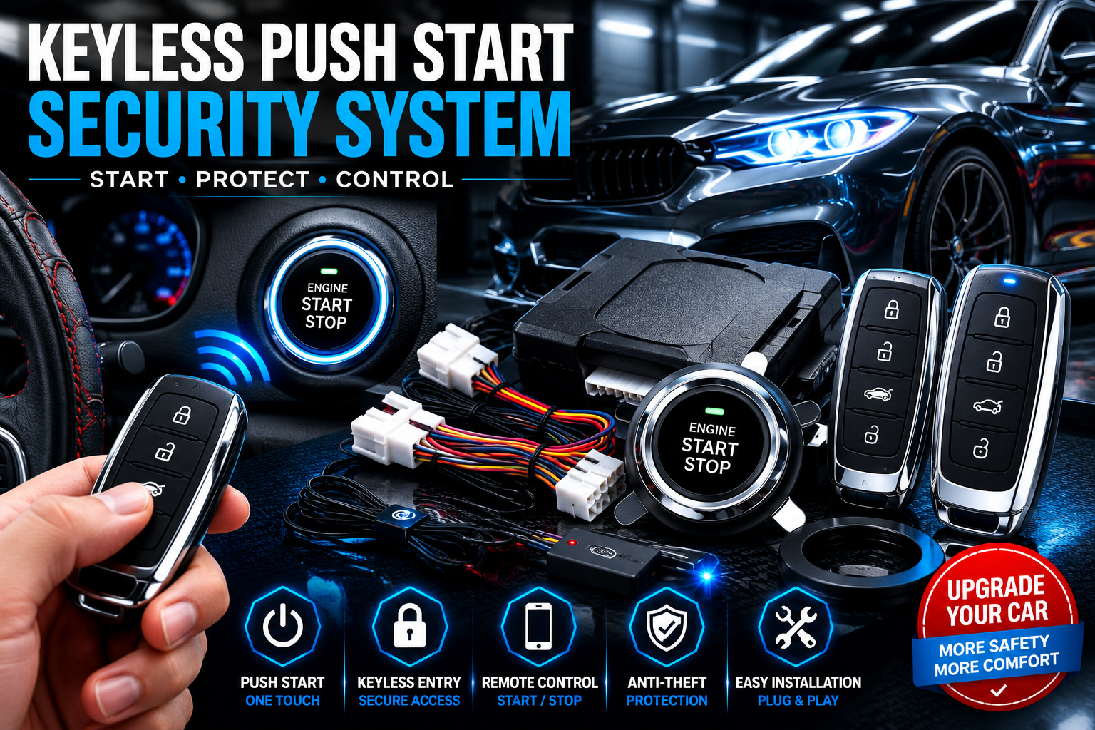 NordGear Smart Keyless Push Start System – Universal Remote Engine Start & Car Security Kit