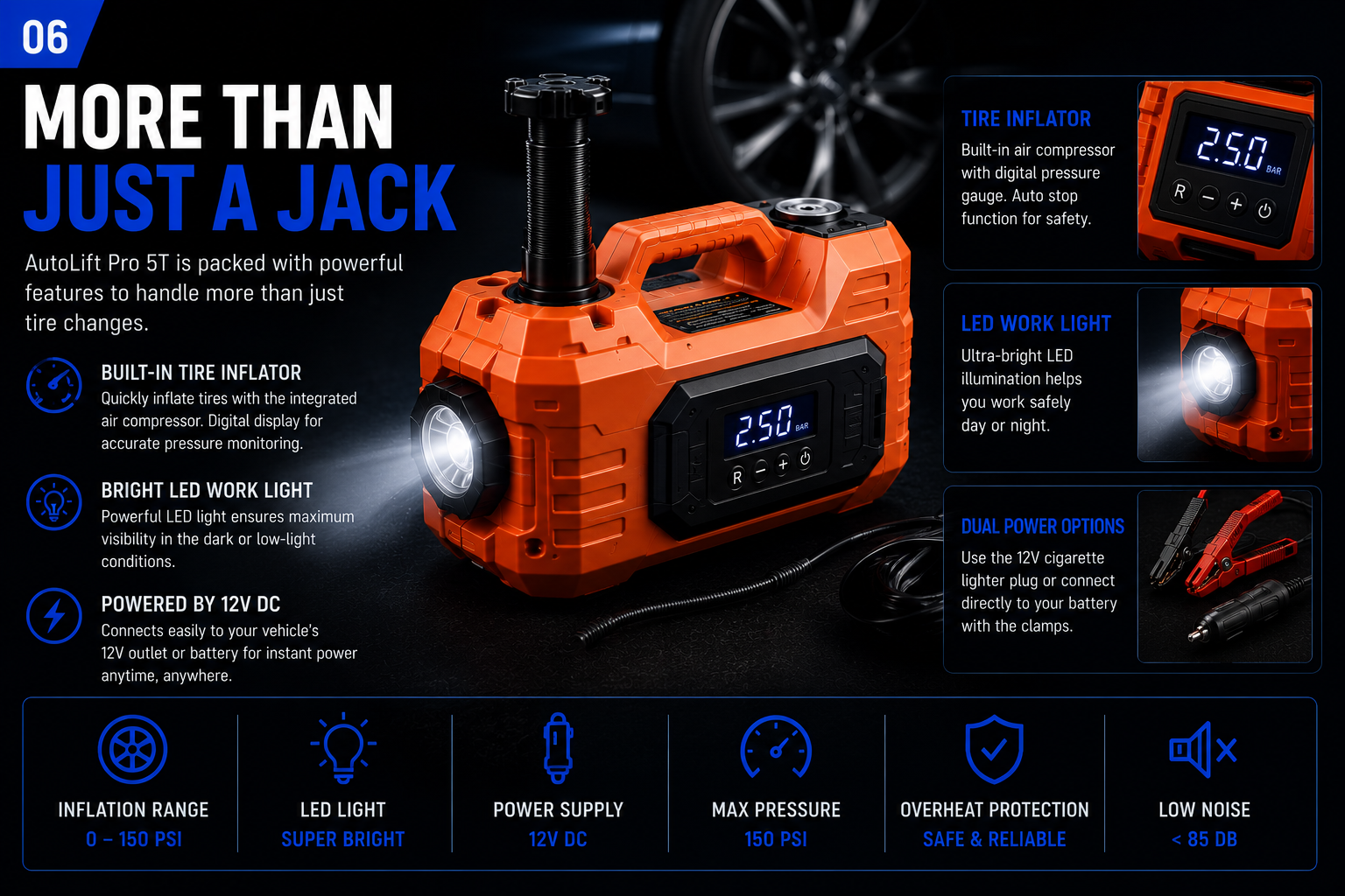 NordGear AutoLift Pro 5T Electric Car Jack Kit – 12V Electric Jack, Impact Wrench, Air Compressor & LED Light