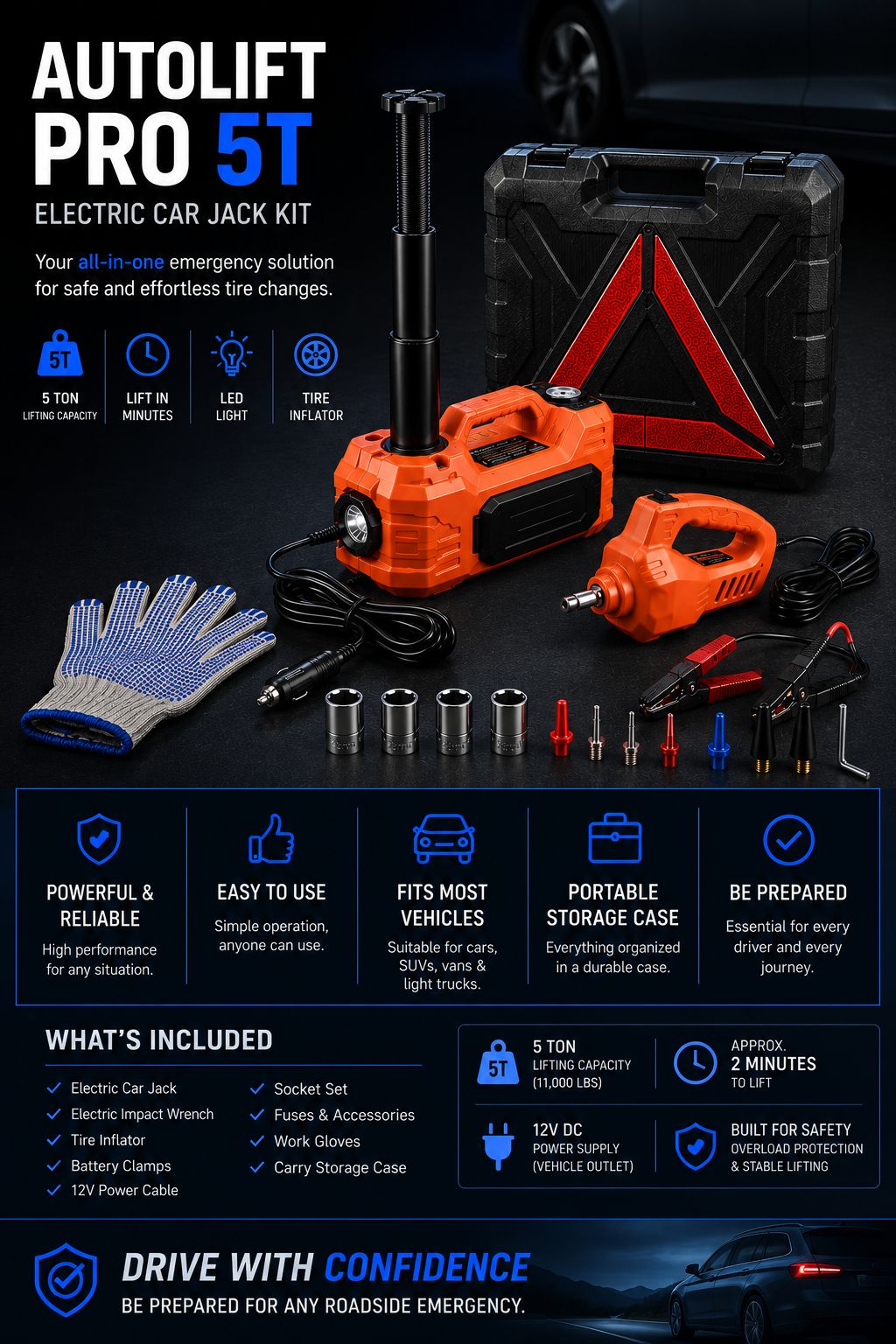 NordGear AutoLift Pro 5T Electric Car Jack Kit – 12V Electric Jack, Impact Wrench, Air Compressor & LED Light