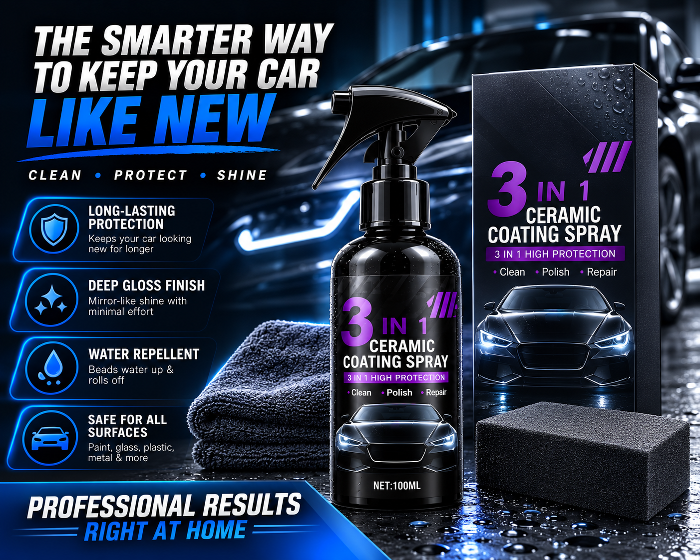 3-in-1 Ceramic Coating Spray | Nano Hydrophobic Car Polish | NordGear