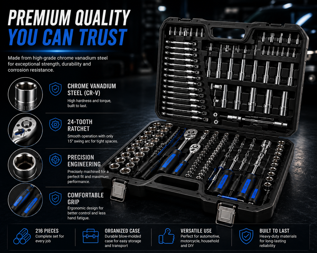 NordGear Professional 216-Piece Socket & Tool Set – Complete Mechanic Repair Kit