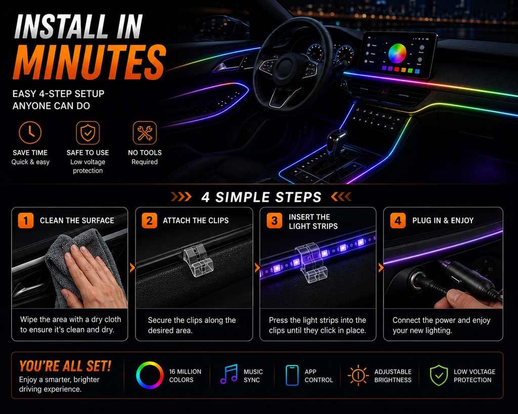 NordGear RGB Ambient Light Pro – 18-in-1 Smart Interior LED Lighting Kit with App Control & Music Sync