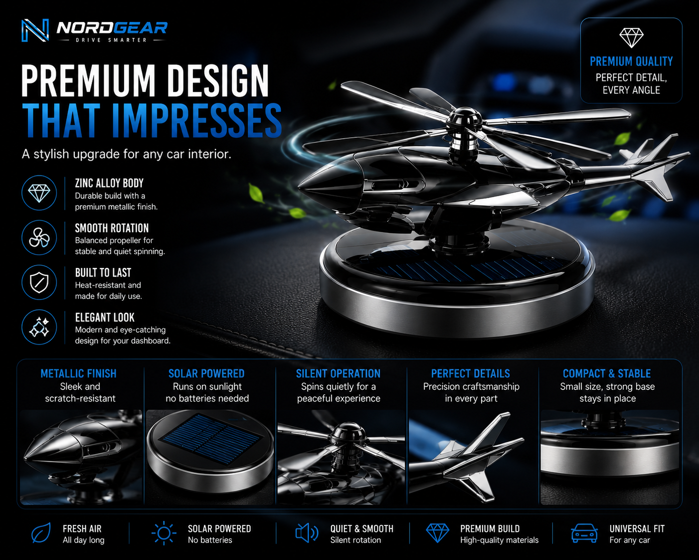 NordGear Solar Helicopter Car Air Freshener – Rotating Aromatherapy Diffuser