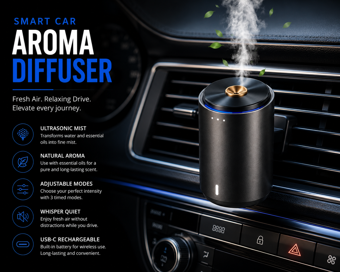 Smart Car Aroma Diffuser – Rechargeable Essential Oil Air Freshener with 3 Premium Scents