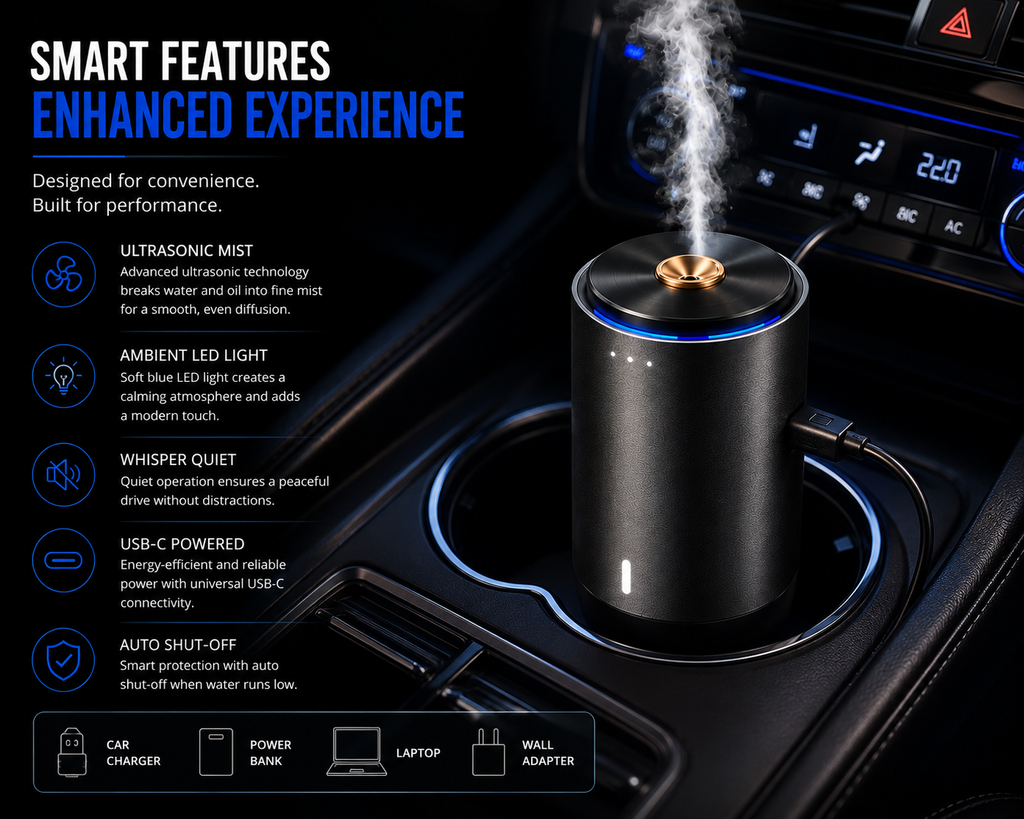 Smart Car Aroma Diffuser – Rechargeable Essential Oil Air Freshener with 3 Premium Scents