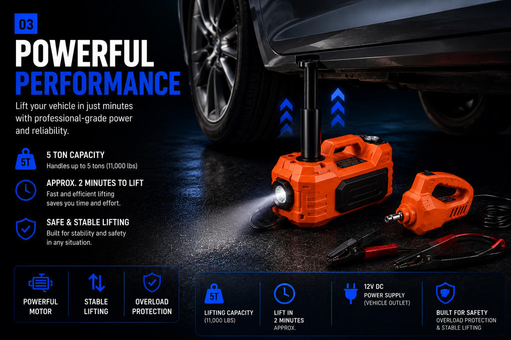 NordGear AutoLift Pro 5T Electric Car Jack Kit – 12V Electric Jack, Impact Wrench, Air Compressor & LED Light