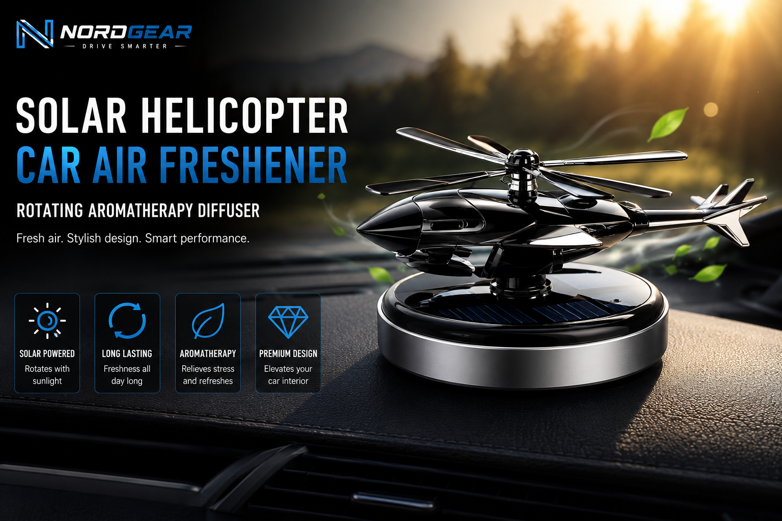 NordGear Solar Helicopter Car Air Freshener – Rotating Aromatherapy Diffuser